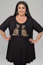 Μπλούζα με γατούλες ελαστική βισκόζη | Μαύρο | Plus Size |