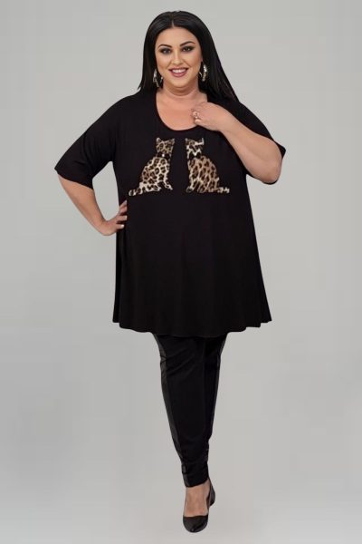 Μπλούζα με γατούλες ελαστική βισκόζη | Μαύρο | Plus Size | - Image 2