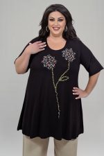 Μπλούζα με χειροποίητο μοτίφ ελαστική βισκόζη | Μαύρο | Plus Size