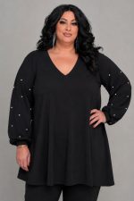 Μπλούζα με πέρλες ελαστικό super jersey | Μαύρο | Plus Size