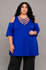 Plus Size Μπλε ηλεκτρίκ Μπλούζα με Χιαστί Λαιμόκοψη & Ανοιχτούς Ώμους