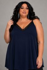 Plus Size Lingerie Τοπάκι με Δαντέλα σε Ελαστικό Super Jersey – Μπλε Σκούρο