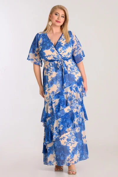 Φόρεμα κρουαζέ maxi σε μουσείνα | Μπλε Μπεζ | Plus size - Image 4