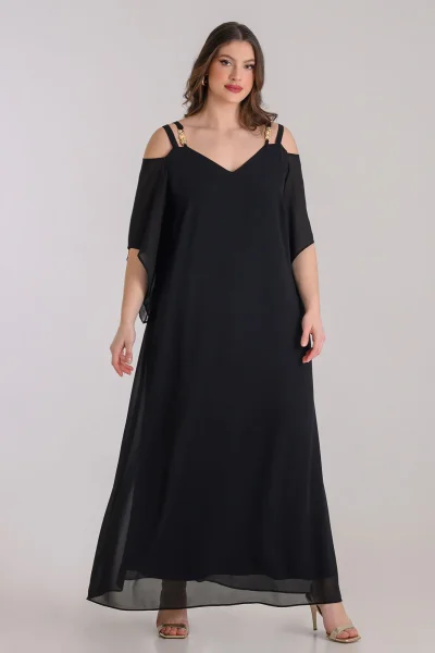 Φόρεμα μουσελίνα με χρυσή λεπτομέρεια | Μαύρο | Plus Size - Image 4