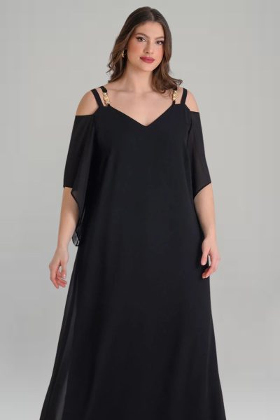 Φόρεμα μουσελίνα maxi μαύρο μεγάλα μεγέθη Lady Lola