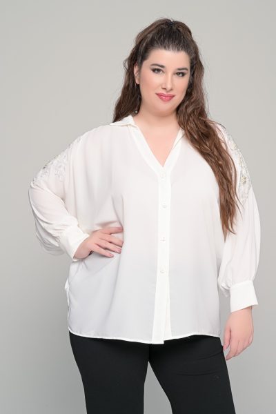 Πουκάμισο Loose σε oversized γραμμή με λευκό μοτίφ | Λευκό | Plus Size - Image 2
