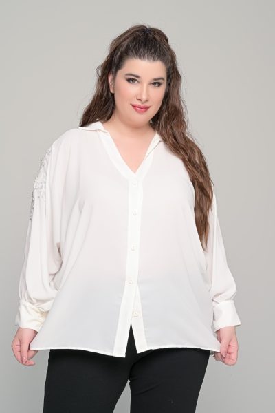 Πουκάμισο Loose σε oversized γραμμή με λευκό μοτίφ | Λευκό | Plus Size - Image 4