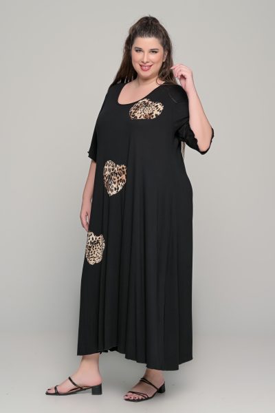Φόρεμα με απλικέ μοτίφ σε ελαστική βισκόζη - Μαύρο - Plus Size - Image 3
