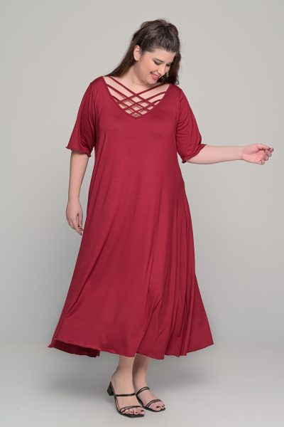 Φόρεμα με χιαστί ντεκολτέ σε ελαστική βισκόζη - Μπορντό - Plus Size