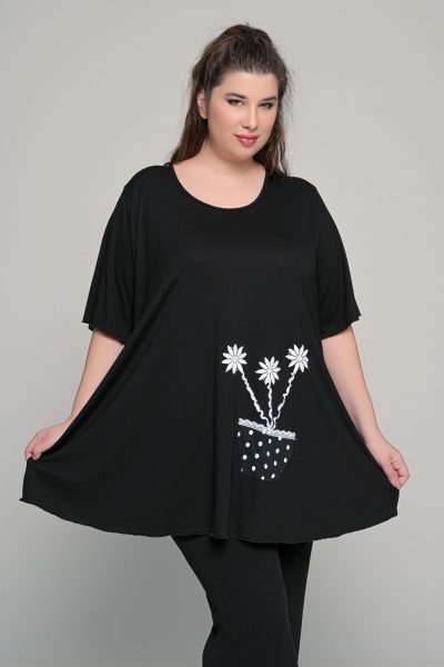 Μπλούζα με κεντημένο μοτίφ σε ελαστική βισκόζη | Μαύρο | Plus Size - Image 5