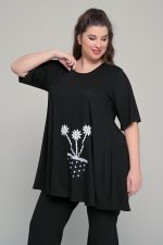 Μπλούζα με κεντημένο μοτίφ σε ελαστική βισκόζη | Μαύρο | Plus Size