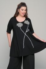 Μπλούζα με διπλό λουλούδι σε ελαστική βισκόζη | Μαύρο | Plus Size