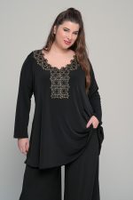 Μπλούζα με χρυσή τρέσα στο ντεκολτέ σε ελαστικο super jersey | Μαύρο | Plus Size