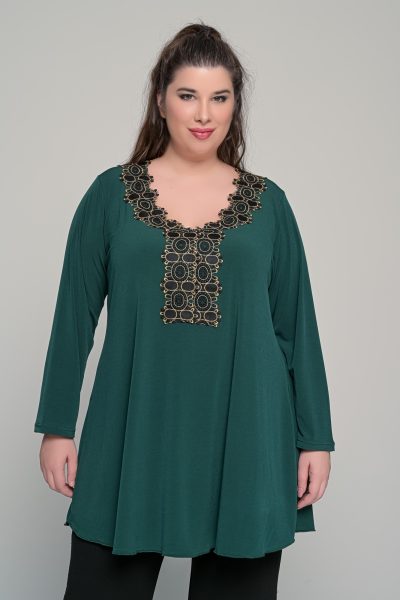 Μπλούζα με χρυσή τρέσα στο ντεκολτέ σε ελαστικο super jersey | Κυπαρισσί | Plus Size