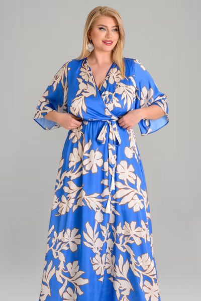 Φόρεμα maxi κρουαζέ με ζώνη | Μπλε λευκό | Plus size