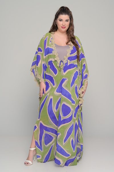 Plus size μάξι καφτάνι με φαρδιά μανίκια και διακοσμητική δαντέλα