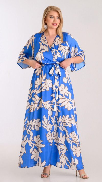 Φόρεμα maxi κρουαζέ με ζώνη | Μπλε λευκό | Plus size - Image 2
