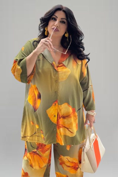 Σετ πουκαμίσα και παντελόνα | Leaf Print | Plus Size