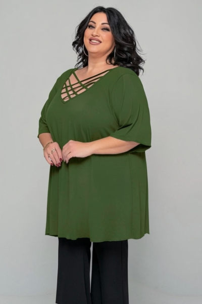 Μπλούζα με χιαστί ντεκολτέ | Χακί | Plus Size - Image 3