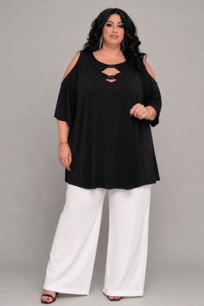 Plus Size Ελαστική Μπλούζα με Cut Out Λεπτομέρειες | Μαύρο - Image 2