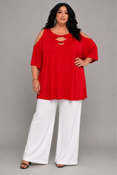 Plus Size Ελαστική Μπλούζα με Cut Out Λεπτομέρειες | Κόκκινο - Image 2