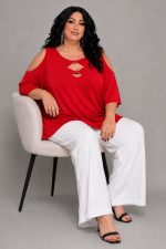 Plus Size Ελαστική Μπλούζα με Cut Out Λεπτομέρειες | Κόκκινο
