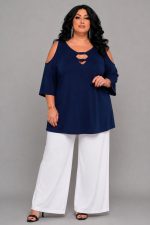 Plus Size Ελαστική Μπλούζα με Cut Out Λεπτομέρειες | Μπλε Σκούρο