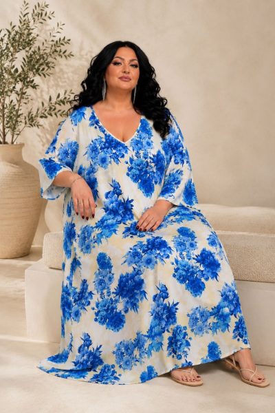 Φόρεμα με Μπλε Floral Print σε Ελαστικό Μαγιόπανο | Plus Size - Image 3