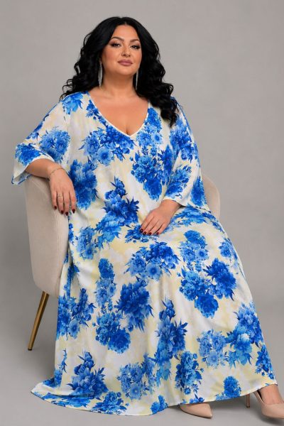 Φόρεμα με Μπλε Floral Print σε Ελαστικό Μαγιόπανο | Plus Size - Image 2