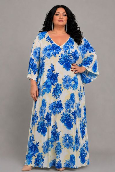 Φόρεμα με Μπλε Floral Print σε Ελαστικό Μαγιόπανο | Plus Size