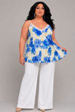 Γυναικείο Plus Size Φλοράλ Τοπ Blue Flower με Δαντέλα | Κίτρινο - Μπλε