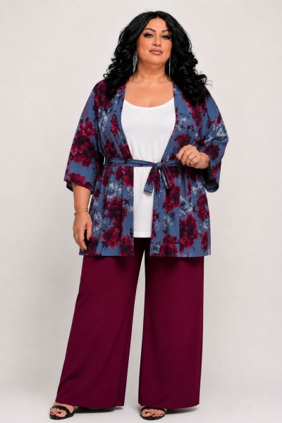 Plus Size Εμπριμέ Κιμονό με Αποσπώμενη Ζώνη – Μπορντό Floral - Image 2
