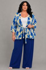 Κιμονό Με Ζώνη σε Blue Floral Μαγιόπανο - Αέρινη Χυτή Γραμμή | Plus Size