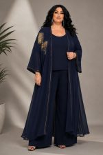 Plus Size Μακρύ Κιμονό Σε Μπλε Σκούρο Μουσελίνα με Χειροποίητες Διακοσμητικές Λεπτομέρειες