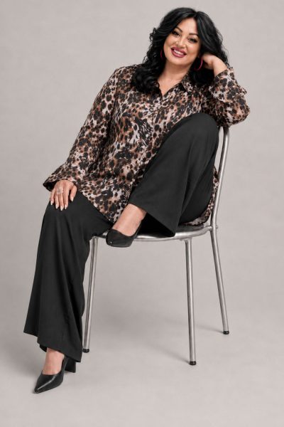 Σατινέ Animal Print Πουκάμισο σε Καφέ & Μπεζ Αποχρώσεις Plus Size