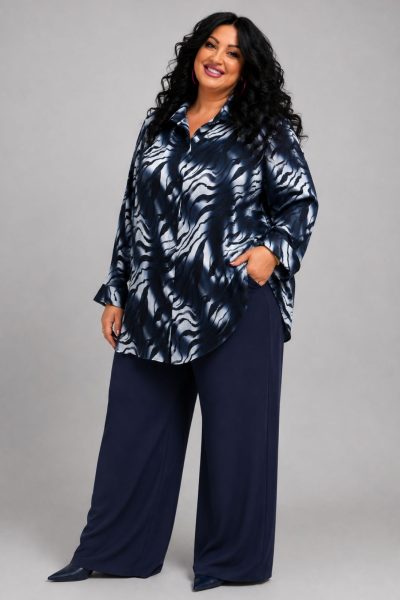 Plus Size Γυναικείο Πουκάμισο Blue Abstract - Σε Σατινέ ύφασμα
