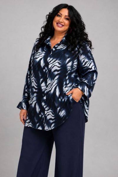 Plus Size Γυναικείο Πουκάμισο Blue Abstract - Σε Σατινέ ύφασμα - Image 2