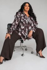 Plus Size Γυναικείο Πουκάμισο Καφέ Abstract - Σε Σατινέ ύφασμα