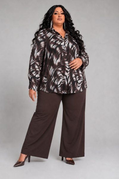 Plus Size Γυναικείο Πουκάμισο Καφέ Abstract - Σε Σατινέ ύφασμα - Image 3
