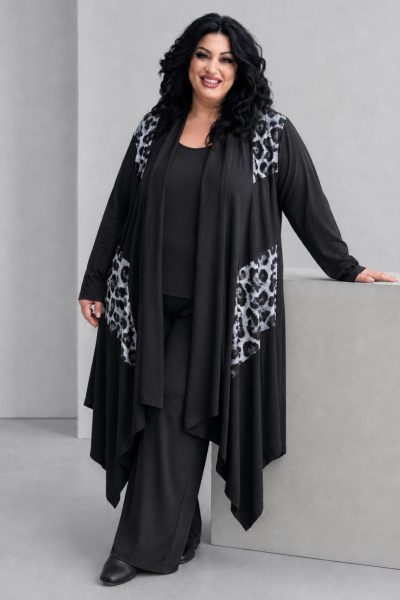 Plus Size Μαύρη Ασύμμετρη Ζακέτα με Λεοπάρ Λεπτομέρειες | Ελαστική Βισκόζη - Image 2