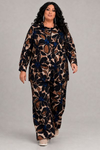 Plus Size Εμπριμέ Σετ με Πουκαμίσα & Παντελόνι σε Σατινέ Ύφασμα - Image 2