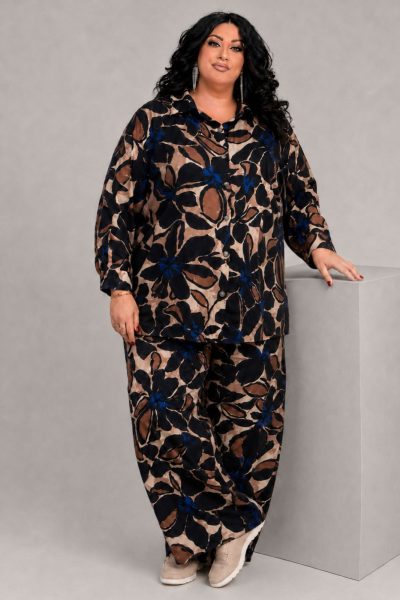 Plus Size Εμπριμέ Σετ με Πουκαμίσα & Παντελόνι σε Σατινέ Ύφασμα - Image 3