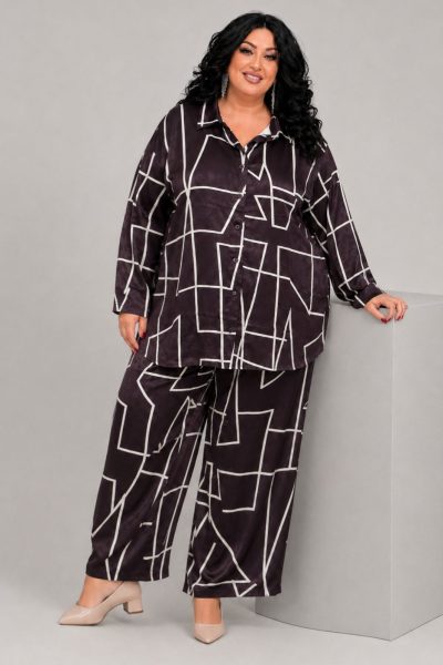Plus Size Καφέ με Εκρού Σετ με Πουκαμίσα & Παντελόνι σε Σατινέ Ύφασμα - Image 2