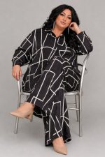 Plus Size Μαύρο με Εκρού Σετ με Πουκαμίσα & Παντελόνι σε Σατινέ Ύφασμα