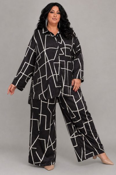 Plus Size Μαύρο με Εκρού Σετ με Πουκαμίσα & Παντελόνι σε Σατινέ Ύφασμα - Image 2