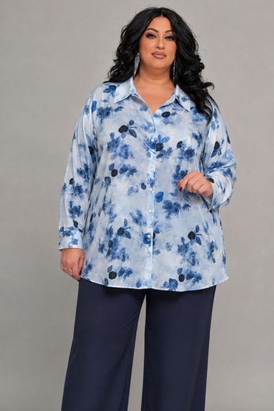 Plus Size Μπλε Φλοράλ Πουκαμίσο - Άνετη Χυτή Γραμμή - Image 2