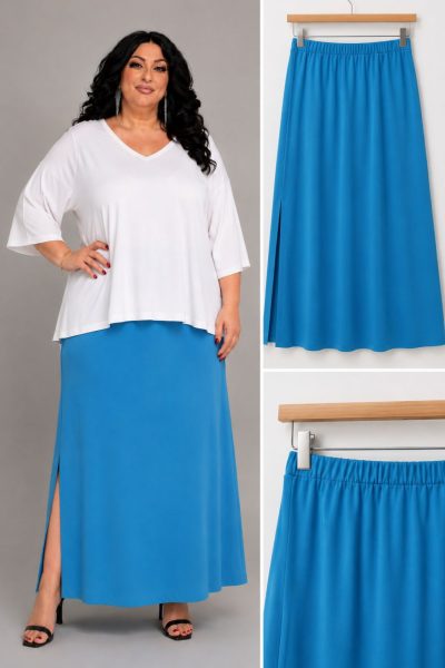 Γαλάζια Plus Size Maxi Φούστα Ίσια Γραμμή με Πλαϊνό Σκίσιμο - Image 2