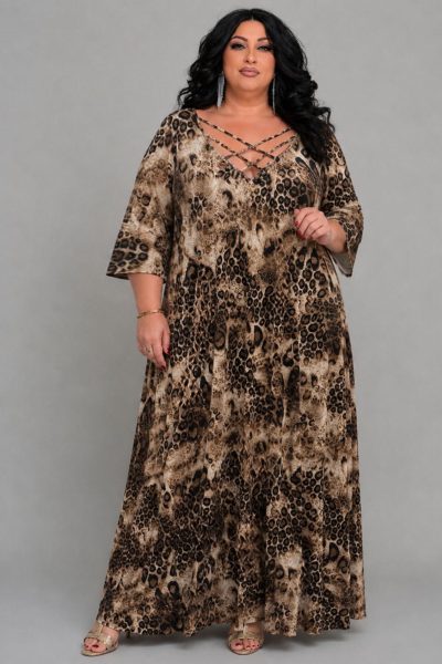 Plus Size Animal Print Φόρεμα Με Χυτή Άνετη Γραμμή & Χιαστί Ντεκολτέ - Image 2