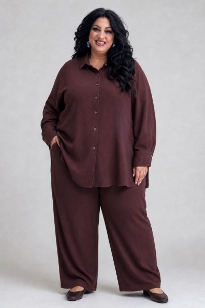 Plus Size Καφέ Σετ με Πουκάμισο & Παντελόνι σε Άνετη Γραμμή - Image 2